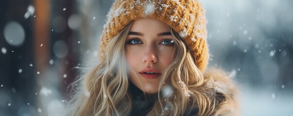 young woman in winter clothes and watching the Snow