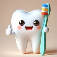 Adorable 3D tooth character with a big smile holding a colorful toothbrush, promoting dental hygiene