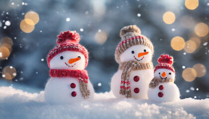 Little knitted snowmans on soft snow