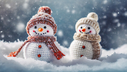 Little knitted snowmans on soft snow