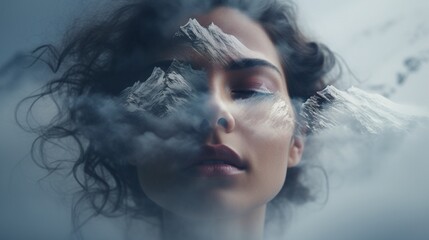 Double exposure integrating a young woman's face with a snowy mountain peak, isolated