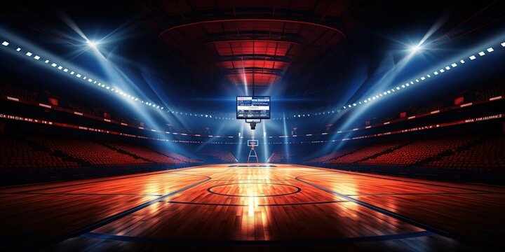Empty basketball arena, stadium, sports ground with flashlights and fan sits