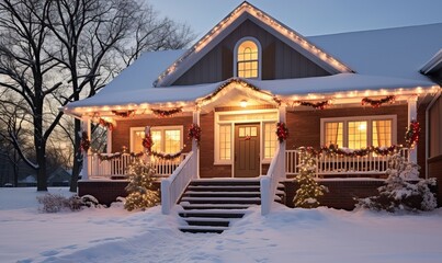 Fototapeta premium Exterior christmas decorations in the snow, suburban USA house covered christmas lights and festive decorations for the holiday season, Winter evening, Merry christmas and happy new year