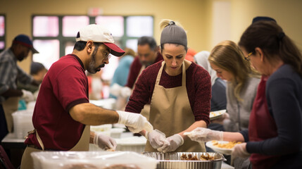 Several volunteers, both men and women, work diligently in an indoor setting to serve food to community members during a charity event.