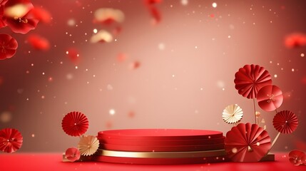 Empty pedestal with snowflakes and red flowers, Chinese New Year concept background. Modern product display. Minimal mockup template.