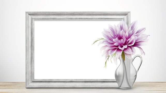 Poster mockup with a flower on the shelf. Home decoration concept. AI generated