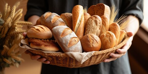 Person holding a basket with various tasty and fresh bread