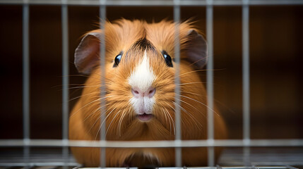 Obraz premium Guinea Pig Posing for Portrait in Cage, Generative AI