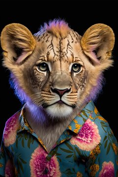 AI generated illustration of the portrait of a liger cup wearing a shirt with floral patter
