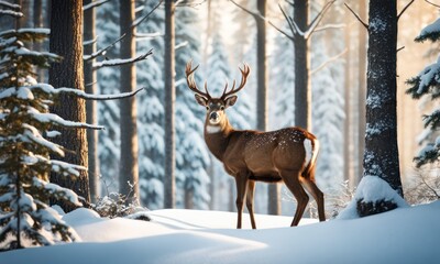 Beautiful Deer male with big horns in the winter snowy forest. Winter natural background. Christmas image. Sunny and frosty winter day