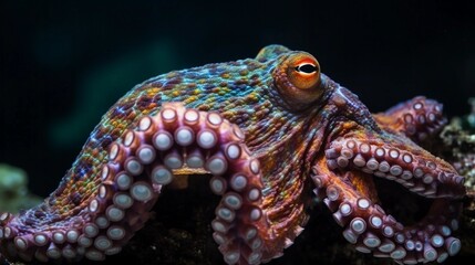 side view, close up of green blue octopus in the ocean. 