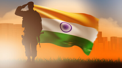 Soldier with India flag. Silhouette officer with weapon. Indian defense army soldier. Warrior...