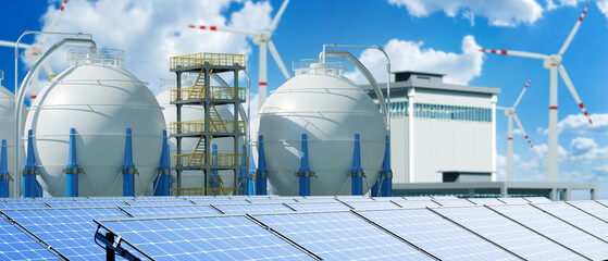 Eco power plant. Solar panels. Wind turbines. Power plant with windmills. Production eco fuel....