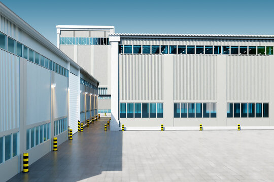 Industrial building. Hangar for warehouse or factory. Industrial area in sunny weather. Hangar with small windows. Industrial area with parking. Logistics hub territories. Plants buildings. 3d image