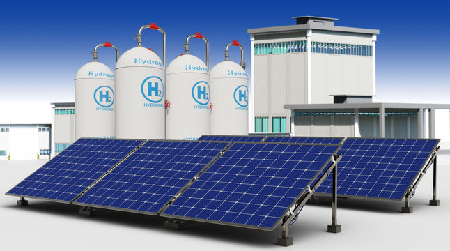 Energy enterprise. Solar panels. Hydrogen station. Eco energy. Power station with blue sky. Hydrogen tanks near plant. Power plant with solar panels. Exterior of innovative power plant. 3d image