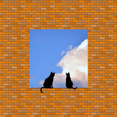 Two cats  look at the sky  from the edge of a window in a brick wall