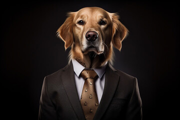 brown dog in a business suit,portrait of a businessman dog in a suit and tie on a black background, businessman dog, generative ai