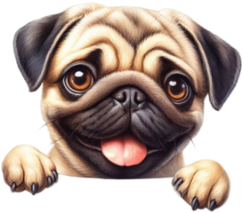 Snug-Nosed Sweetheart: Enchanting Watercolor Pug Peeking Illustration, Playful Dog Art with Intricate Details and Endearing Charm