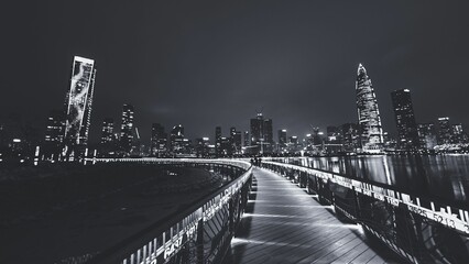 A greyscale night view of the District Shenzhen Bay, Houhai District