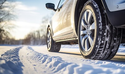 Winter tire. SUV car on snow road. Tires on snowy highway detail. close up view. Space for text. The concept of family travel to a ski resort. Winter or spring holidays adventures - obrazy, fototapety, plakaty