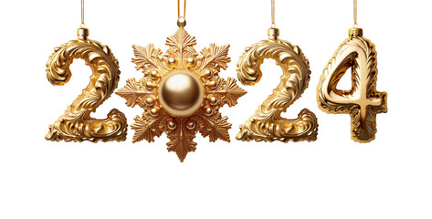 Gold Christmas ball as a New Year 2024 - isolated on free PNG background. - obrazy, fototapety, plakaty