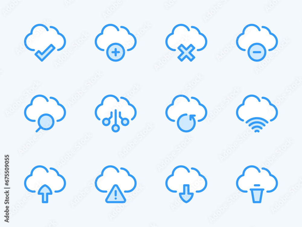 Poster cloud computing services vector line icons. online storage preferences outline icon set. cloud data 