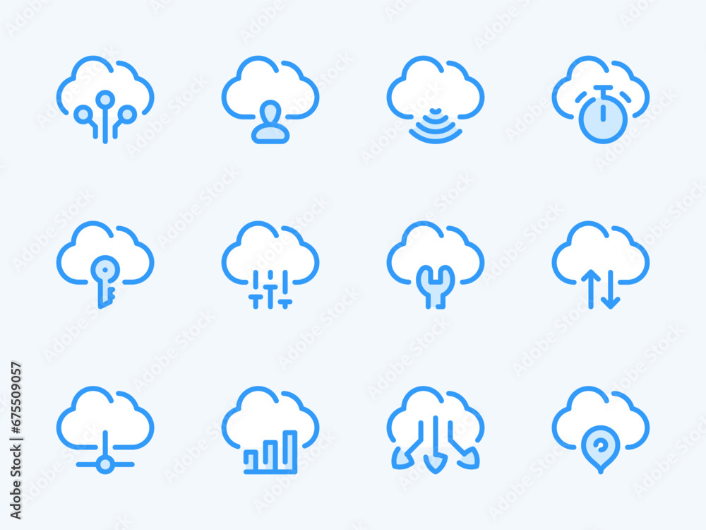 Poster cloud computing services and configurations vector line icons. online storage preferences outline ic