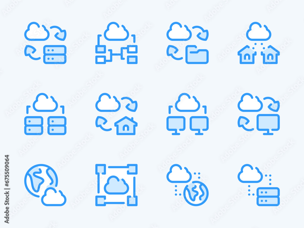 Poster cloud computing connection vector line icons. data transfer and online storage preferences outline i