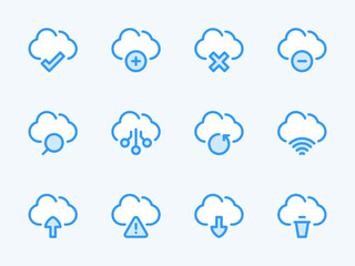Obraz premium Cloud computing services vector line icons. Online storage preferences outline icon set. Cloud Data Backup, Wireless Connection, Check, Warning Notification, Search and more.