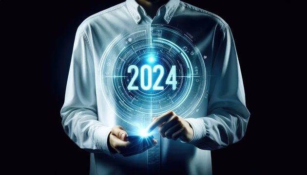 Person using a smartphone to project a glowing 2024 hologram interface, embodying the digital leap into the future and technological advancements.