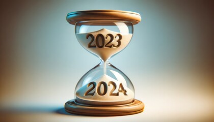 3D illustration of an hourglass with sands of time transitioning from the year 2023 to 2024, symbolizing the passage of time and the start of a new year, set against a gradient backdrop. - obrazy, fototapety, plakaty