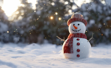 Christmas winter background with snowman and blurred bokeh. Merry christmas and happy new year greeting card with space for text.