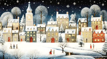 Winter Christmas illustration with old town, Magical Holiday Charm, Snowy street, horizontal banner, New Year or Christmas Card
