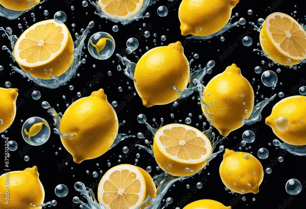 Poster a group of lemons floating in clear water with bubbles on a black background with splashes of water 