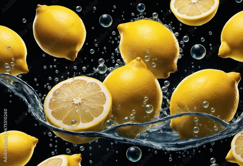 Poster a group of lemons floating in clear water with bubbles on a black background with splashes of water 