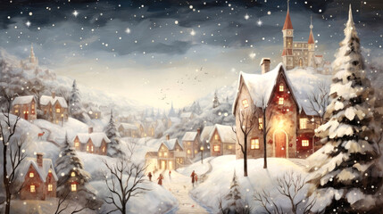 Naklejka premium Winter Christmas illustration with old town, Magical Holiday Charm, Snowy street, horizontal banner, New Year or Christmas Card