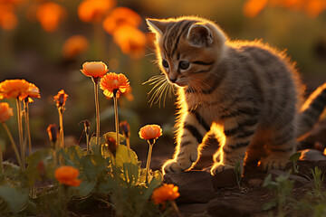 Kitten Exploring Flower Garden at Sunset