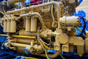 Marine diesel engine. Ship engine close-up. Industrial unit. Fragment of ship engine. Ship...