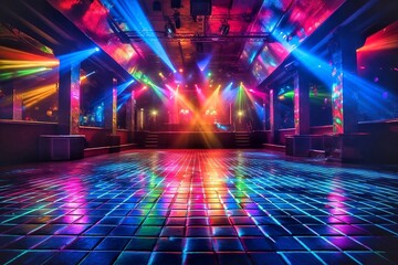 Abstract scene of the night club with bright rays of light and smoke