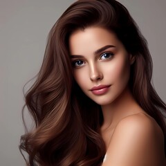 Fototapeta premium Beautiful young woman with long brown hair. Closeup portrait. Natural beauty concept.