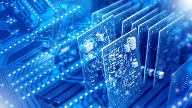 Computer boards. Background with semiconductors. Printed circuit boards close-up. PCB technology. Semiconductors for computers. Microchip production concept. Semiconductor technology