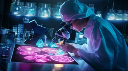 A laboratory technician makes microscopic bacteriological examination with the reagents. Work in micro laboratories  - obrazy, fototapety, plakaty