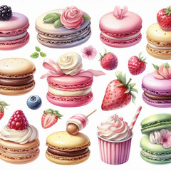Watercolor assorted macaroons, macarons mix clip art, dessert illustration, isolated on white background. Generative AI.