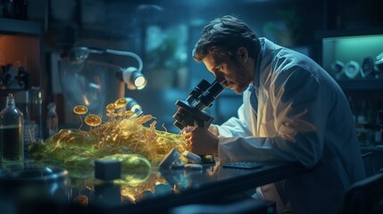 A laboratory technician makes microscopic bacteriological examination with the reagents. Work in micro laboratories  - obrazy, fototapety, plakaty