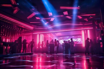 Group of people dancing in a nightclub with neon lights and smoke.