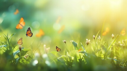 abstract natural background with butterflies and green grass