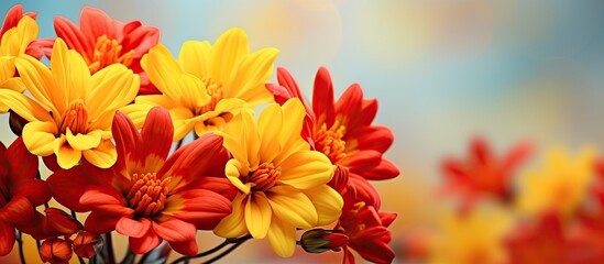 Fototapeta premium In the beautiful background of nature s spring day a gift of floral beauty blooms with vibrant red flowers and colorful petals creating a vision of a stunning yellow plant