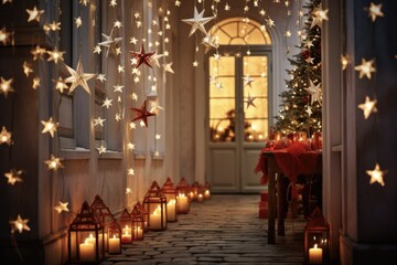 Festive Christmas Decorations Adorned Hallway of Illuminated Home with Lit Star