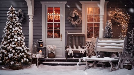 Front of House at Christmas: Festive Holiday Decorations and Snow-Covered Winter Wonderland