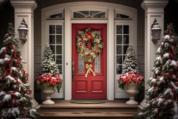 Fototapeta na wymiar Festive Holiday Front Door: Christmas Wreath Decorations for a Charming Christmas Card-worthy Entrance